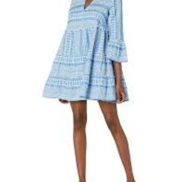 Mud Pie Renee Yarn Blue and White Chevron Dress Bell Sleeves - Picture 1 of 4